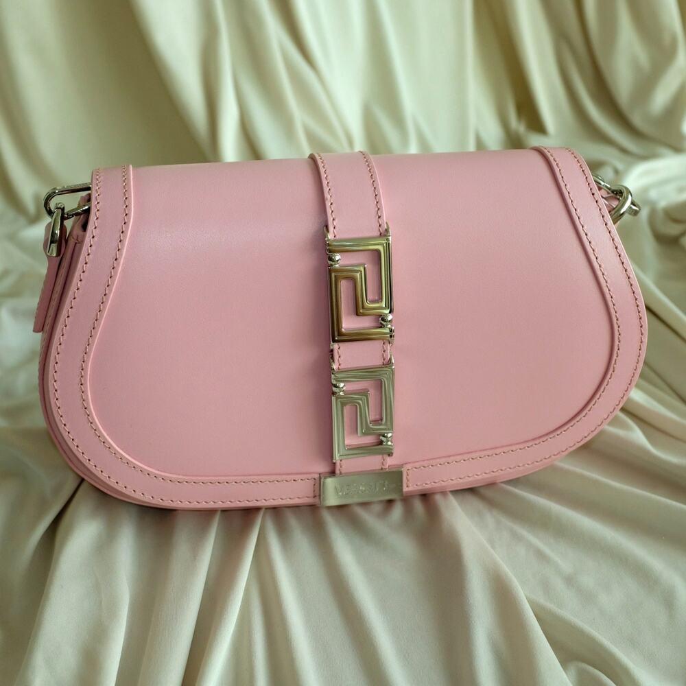Versace Pink Medium La Greca Goddess Logo Leather Shoulder Bag